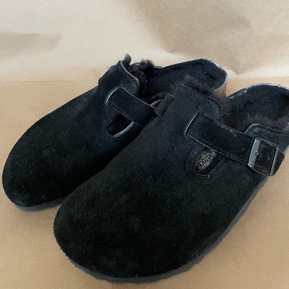 Lightly Used Birkenstock Black Boston Shearling Suede Leather Size EU 40 Narrow - Picture 3 of 10